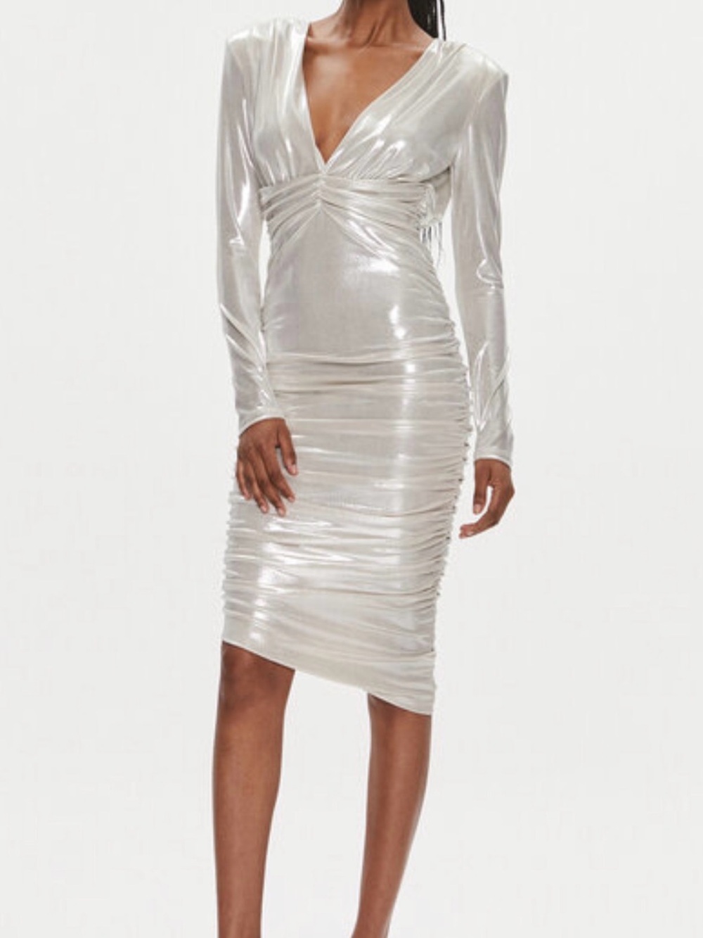 Pinko Shimmery Silver Long-Sleeve V-Neck Ruched Midi Dress. NWT